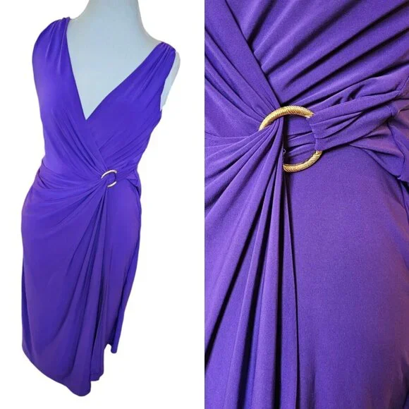 Y2K Lauren Ralph Lauren Sz 4 Purple Jersey Faux Wrap Dress Sleeveless Below Knee - Picture 13 of 13